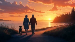 seniors walking on a path next to water