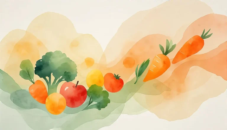 abstract watercolor painting of healthy fruits and veggies