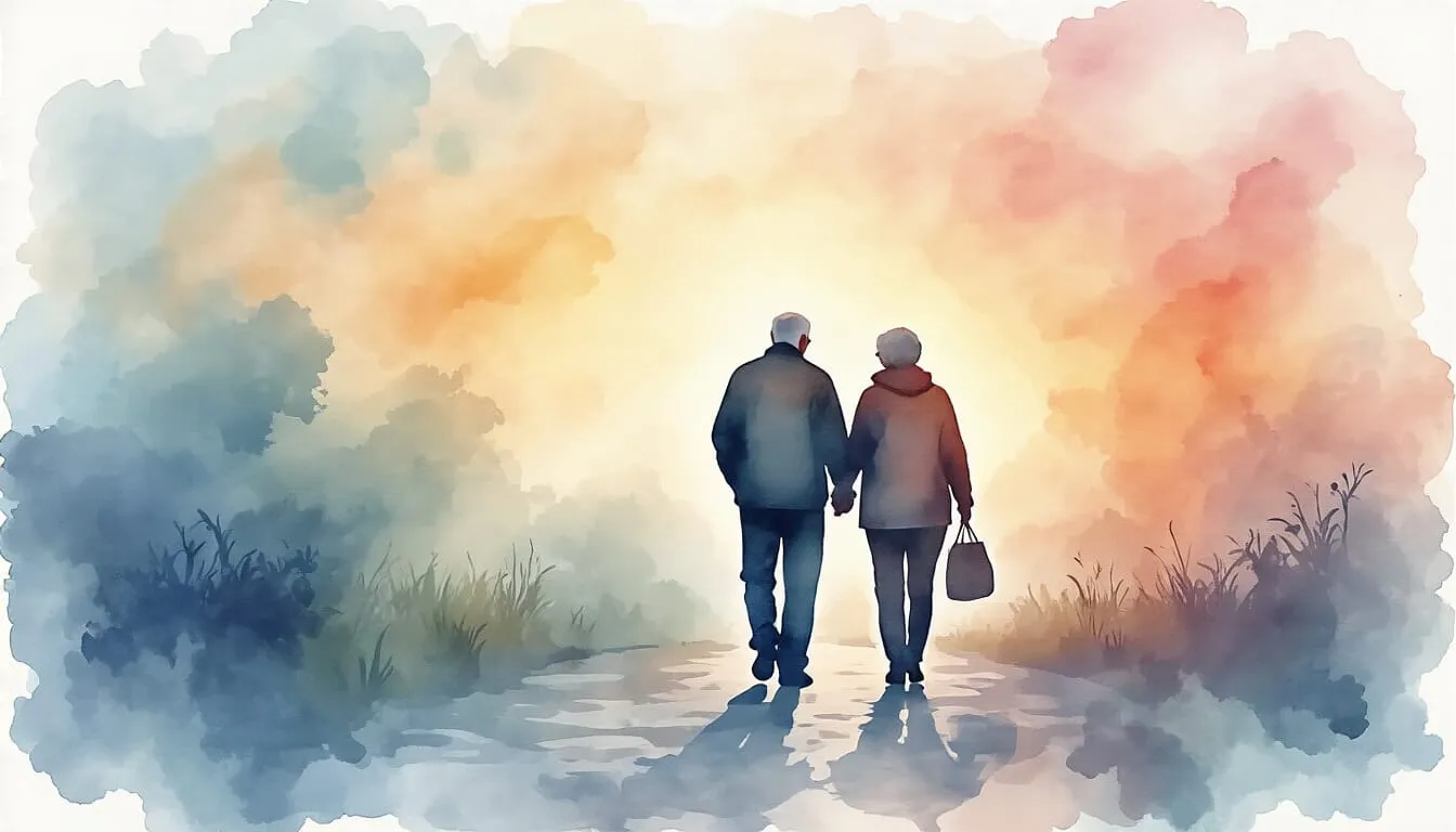 abstract painting of two seniors walking