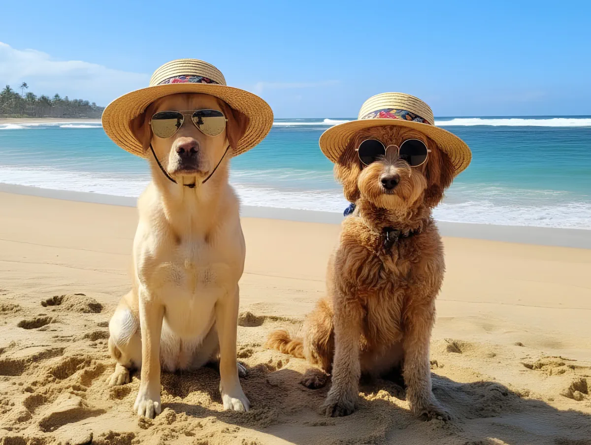 dogs on a beach wearing sunglasses and hats