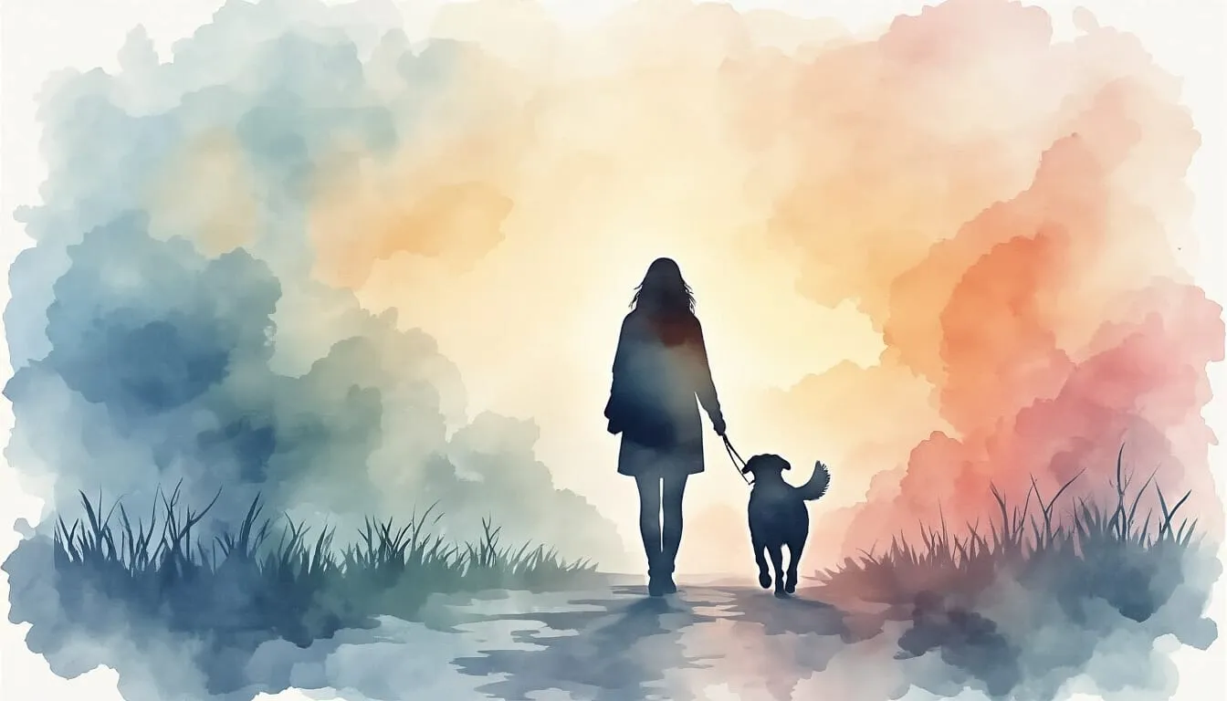an abstract painting of a woman walking a dog